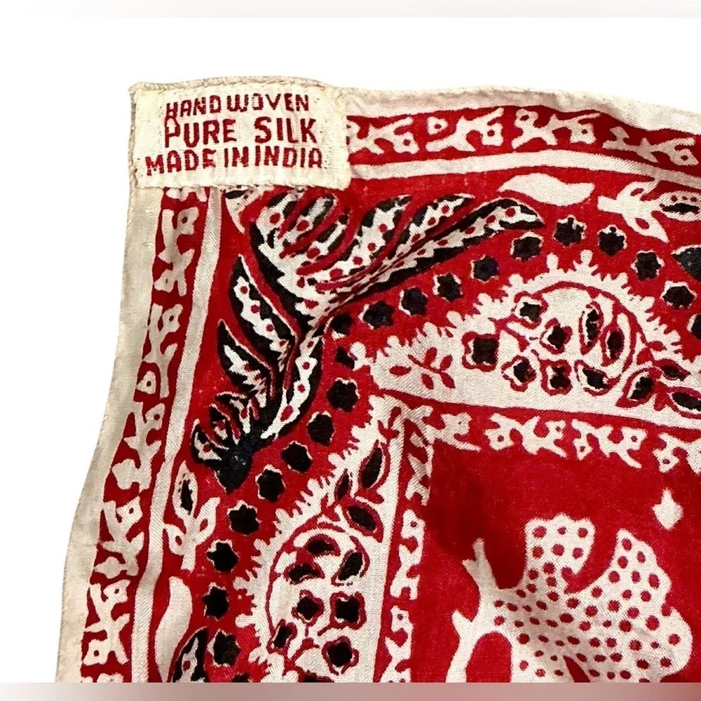 Vintage Handwoven Pure Silk Pocket Square Scarf Red Bandana Print Made in India